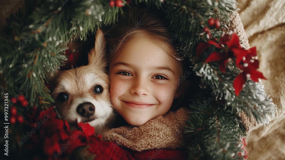 a little girl smiling enjoy playing with her pet dog next to a christmas tree, filled with decorations and ornaments