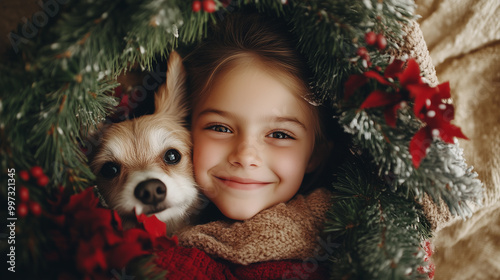 a little girl smiling enjoy playing with her pet dog next to a christmas tree, filled with decorations and ornaments