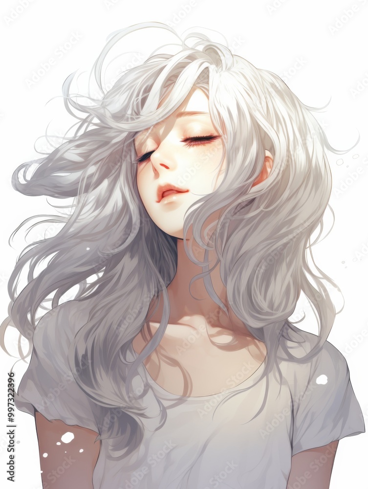 Anime-Style White-Haired Girl with Closed Eyes and Long Silver-White Hair in a Minimalist Composition with Copy Space Anime-Style White-Haired Girl with Closed Eyes and Long Silver-White Hair in a Minimalist Composition with Copy Space