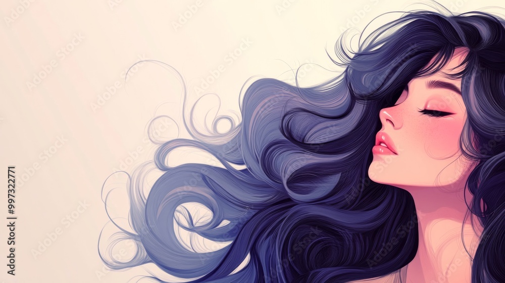 Beautiful Anime Girl with Long, Curly Hair Blowing in the Wind, Delicate Facial Features, and Closed Eyes in a Minimalist Composition with Copy Space Beautiful Anime Girl with Long, Curly Hair Blowing in the Wind, Delicate Facial Features, and Closed Eyes in a Minimalist Composition with Copy Space