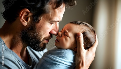 Emotional Bonding Moment: A Fathers Comfort to His Crying Newborn at Home, Navigating Parenting Challenges and Celebrating Fatherhood