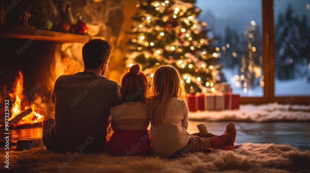 Family Gathering by a Fireplace and Christmas Tree Family Gathering by a Fireplace and Christmas Tree