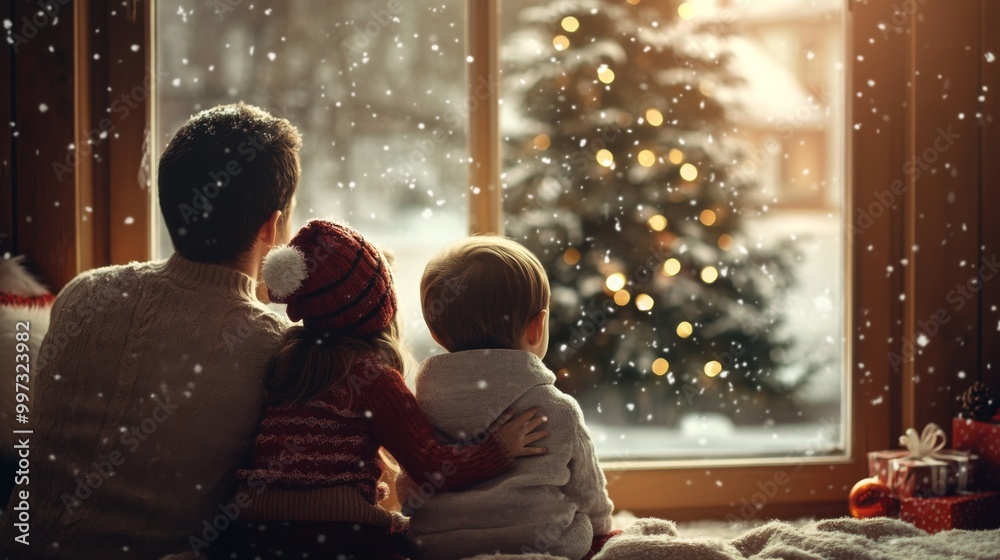 Family watching a snow-covered Christmas tree through a window Family watching a snow-covered Christmas tree through a window