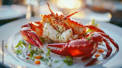 A beautifully presented lobster dish on a plate. photo