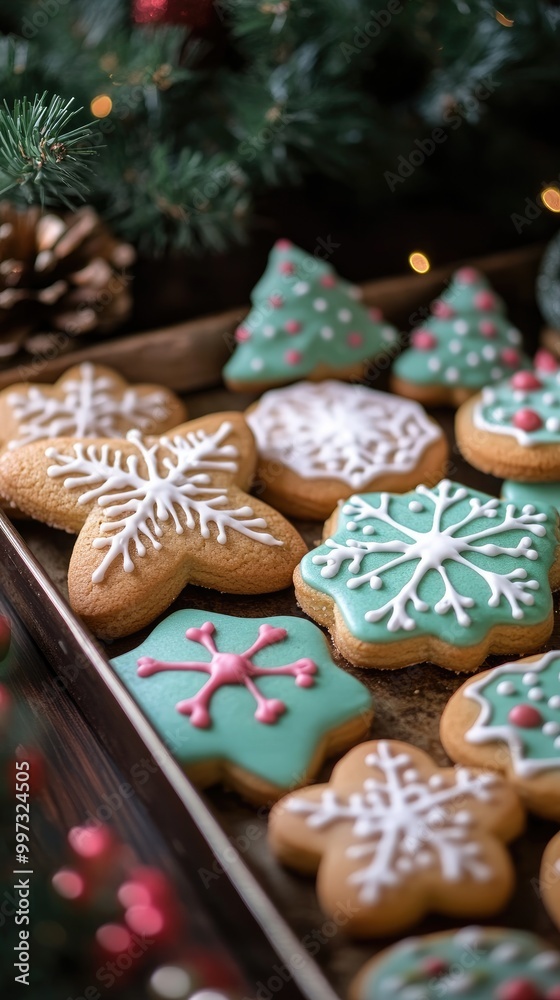 Close-Up of Artistically Decorated Christmas Cookies on Tray with Festive Decorations Close-Up of Artistically Decorated Christmas Cookies on Tray with Festive Decorations