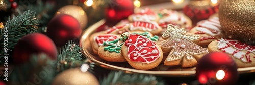 Close-Up of Artistically Decorated Christmas Cookies on Tray with Festive Decorations photo