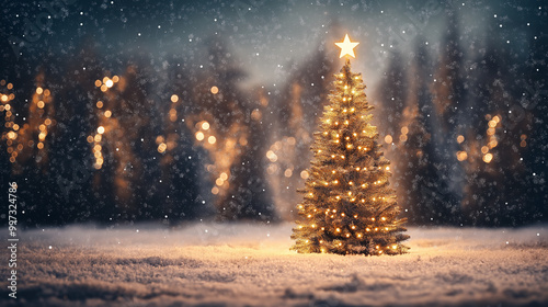 Beautifully illuminated Christmas tree, glowing with festive decorations, stands in snowy outdoors on a winter night, creating merry holiday atmosphere perfect for capturing the spirit of season.