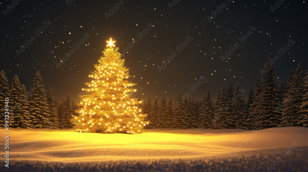 Beautifully illuminated Christmas tree, glowing with festive decorations, stands in snowy outdoors on a winter night, creating merry holiday atmosphere perfect for capturing the spirit of season. Beautifully illuminated Christmas tree, glowing with festive decorations, stands in snowy outdoors on a winter night, creating merry holiday atmosphere perfect for capturing the spirit of season.