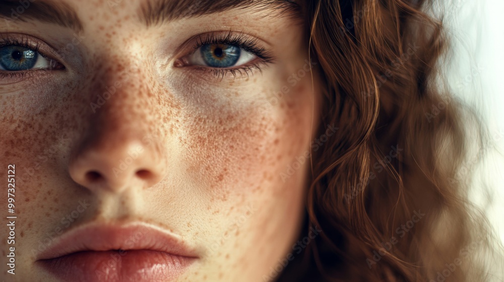 Close-up portrait of a woman with freckles and blue eyes Close-up portrait of a woman with freckles and blue eyes