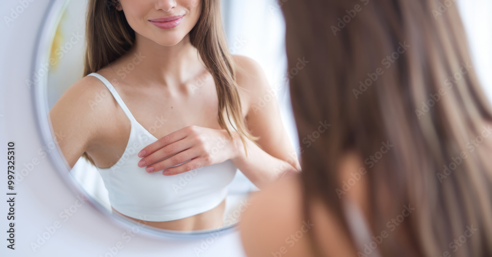 A woman is looking at herself in a mirror. She is wearing a white bra. The mirror is round and made of glass A woman is looking at herself in a mirror. She is wearing a white bra. The mirror is round and made of glass