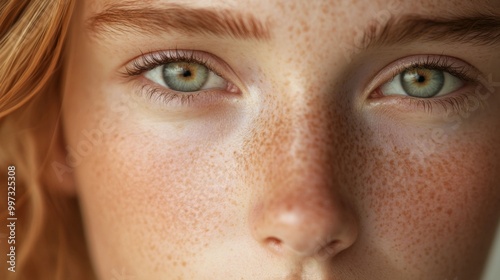 Close-up of a Woman's Face with Freckles and Green Eyes