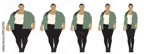 Conceptual fat overweight obese female vs slim fit healthy body after weight loss or diet on white background banner. A  fitness, nutrition or obesity, health shape illustration vector as silhouettes