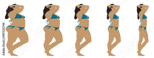 Conceptual fat overweight obese female vs slim fit healthy body after weight loss or diet on white background banner. A  fitness, nutrition or obesity, health shape illustration vector as silhouettes