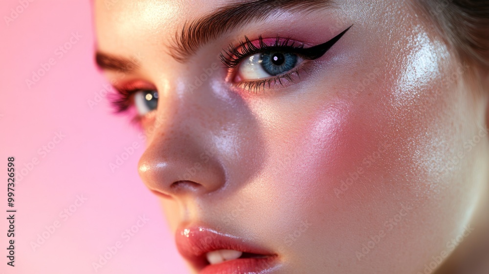 Close-up of a Woman's Face with Pink Eyeshadow and Bold Eyeliner Close-up of a Woman's Face with Pink Eyeshadow and Bold Eyeliner