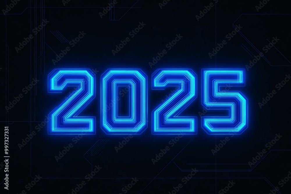 Minimalistic logo contour of 2025, new year blue neon color on black background Minimalistic logo contour of 2025, new year blue neon color on black background