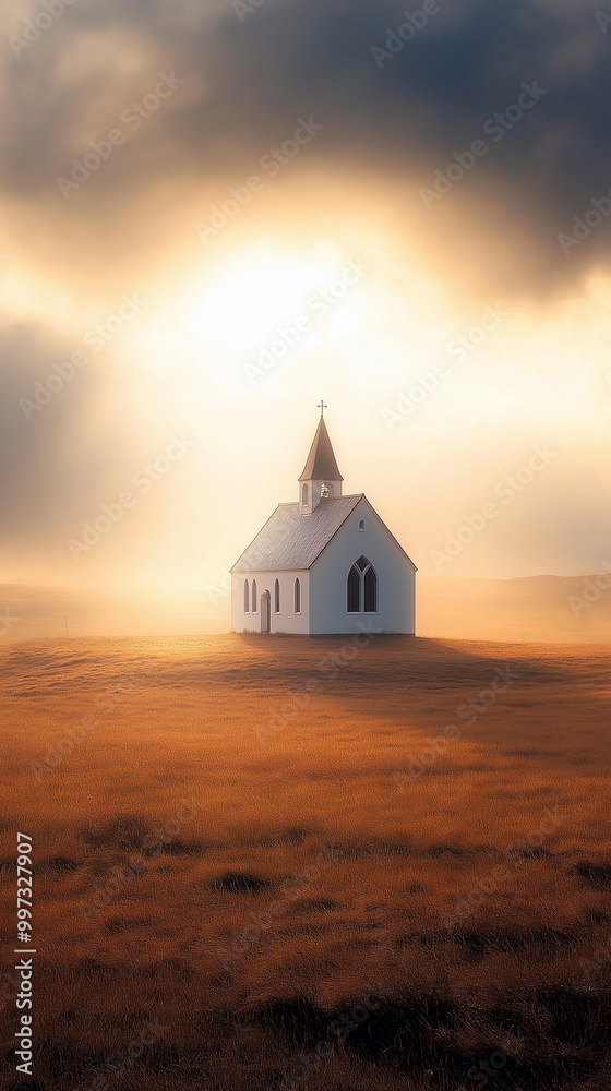 Dawn serene meadow unfolds beneath the sky, where mist gently blankets grass, framing church building embodies beauty of nature, spirit Christianity as sunrise casts a warm glow over landscape. Dawn serene meadow unfolds beneath the sky, where mist gently blankets grass, framing church building embodies beauty of nature, spirit Christianity as sunrise casts a warm glow over landscape.
