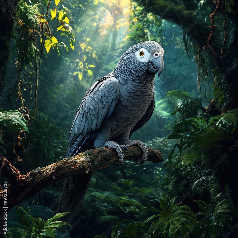 Fototapeta premium African Grey Parrot in Lush Rainforest with Vibrant Green Foliage