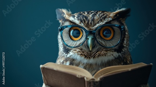 Wallpaper Mural Wise owl wearing glasses, reading a book on blue background symbolizing knowledge and wisdom Torontodigital.ca