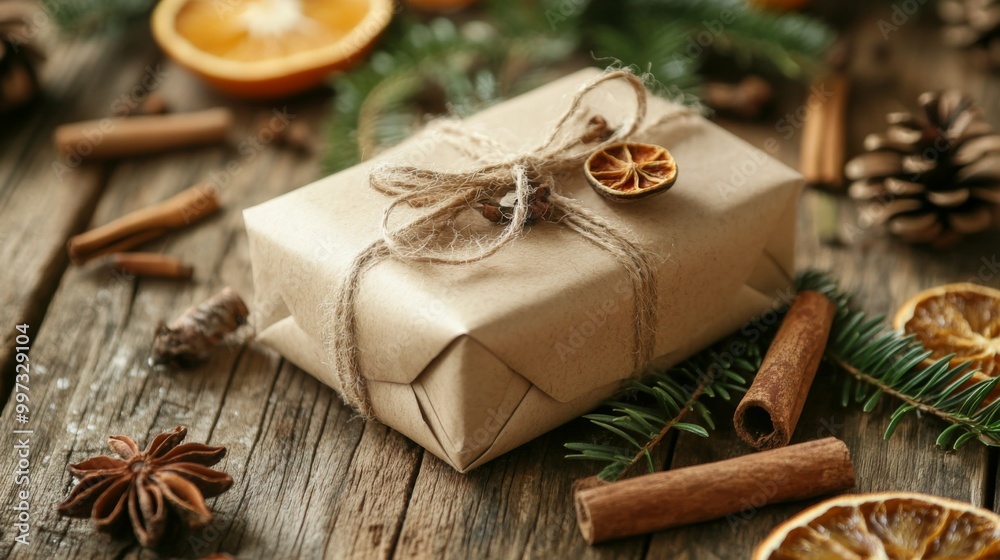 Rustic Christmas Gift Wrapped in Brown Paper with Cinnamon Sticks and Dried Orange Slices Rustic Christmas Gift Wrapped in Brown Paper with Cinnamon Sticks and Dried Orange Slices