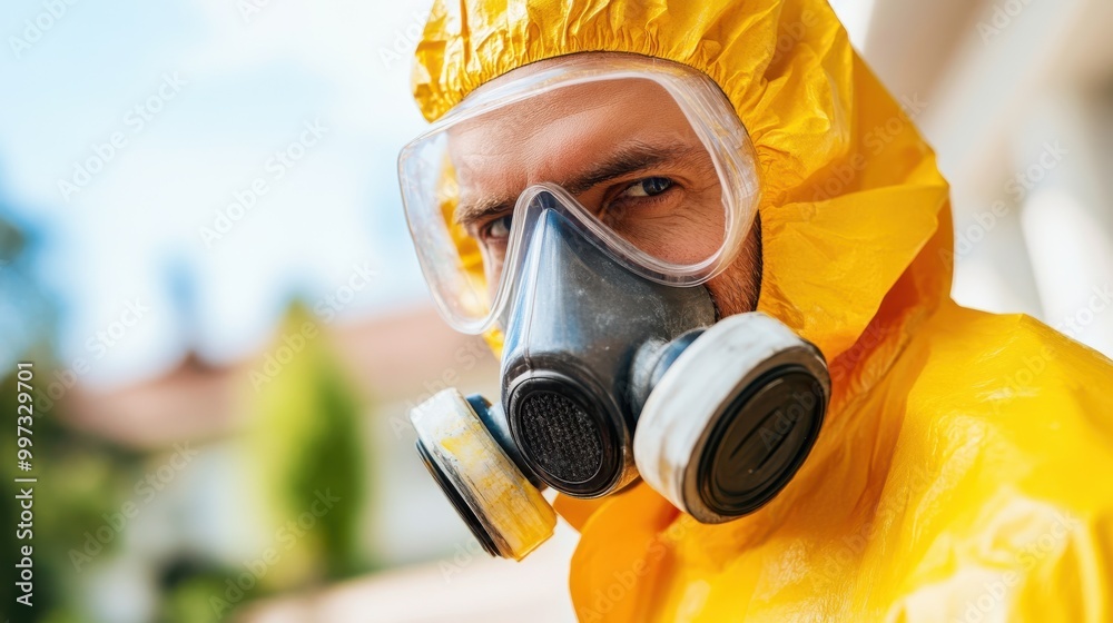 The image depicts an individual in a yellow hazmat suit equipped with a gas mask, standing outside in a bright environment, symbolizing safety and precaution. The image depicts an individual in a yellow hazmat suit equipped with a gas mask, standing outside in a bright environment, symbolizing safety and precaution.