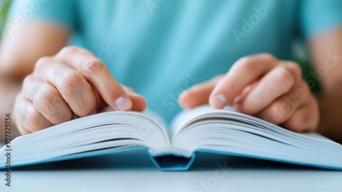 A close-up view of a person wearing a turquoise shirt while reading an open book placed on a wooden table, illustrating a moment of quiet concentration.