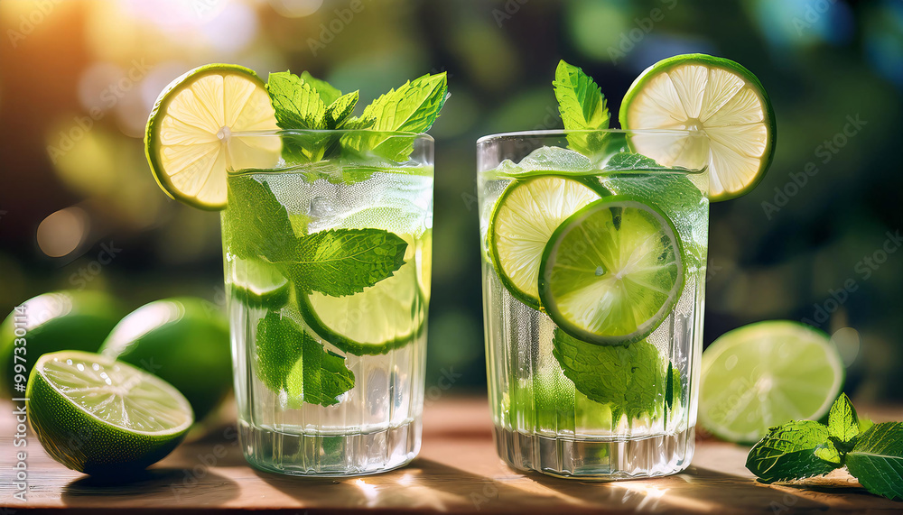 Two refreshing glasses of mojito, adorned with lime slices and mint leaves, bathed in warm sunlight Two refreshing glasses of mojito, adorned with lime slices and mint leaves, bathed in warm sunlight