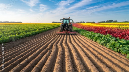 Tractor Cultivating Fertile Soil Amidst Vibrant Fields of Colorful Flowers and Vegetables at Dawn. Generative AI