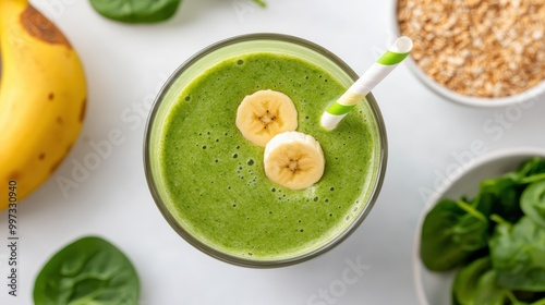 A healthy green smoothie with banana slices served in a glass with a striped straw, surrounded by fresh ingredients like spinach and oats on a light background.