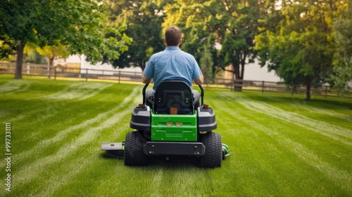 A Man Enjoys a Sunny Day Mowing His Lush Green Lawn on a Riding Mower in a Tranquil Garden Setting. Generative AI