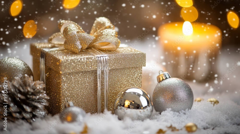 A Glittering Gold Gift Box with Christmas Ornaments and a Candle in the Snow A Glittering Gold Gift Box with Christmas Ornaments and a Candle in the Snow