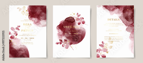Elegant burgundy watercolor and leaves on wedding invitation card template. burgundy watercolor background
