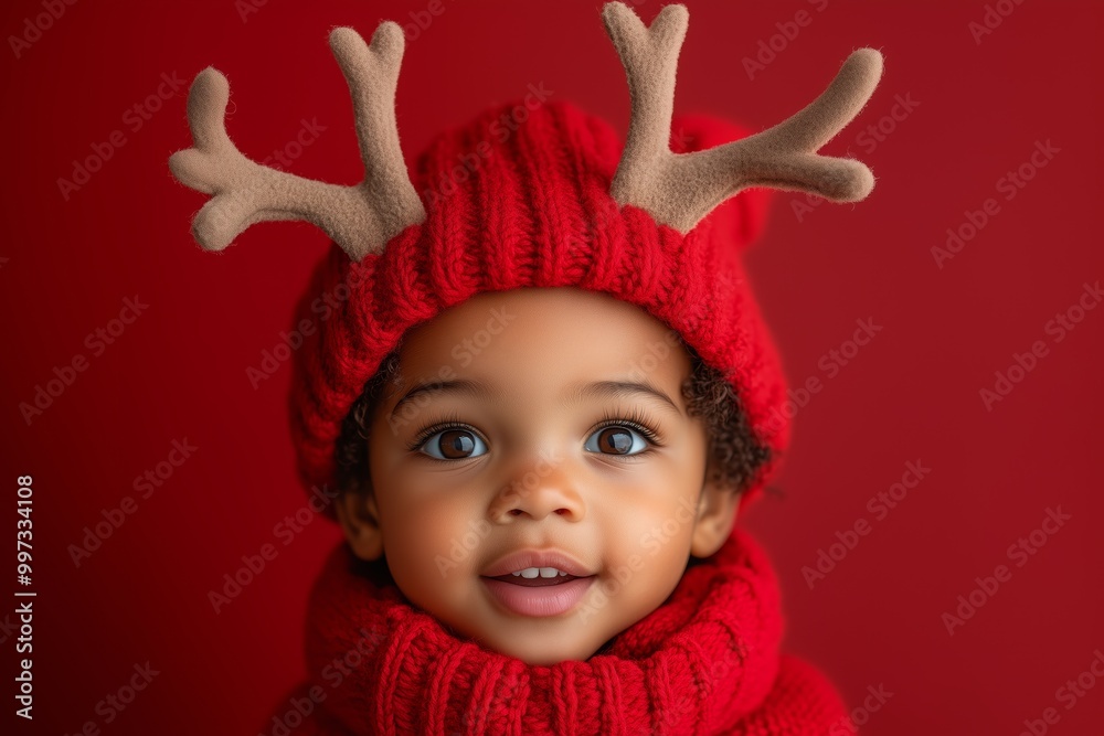 A cute little Black boy wearing reindeer horns costume and a red sweater, with an excited expression for Christmas A cute little Black boy wearing reindeer horns costume and a red sweater, with an excited expression for Christmas