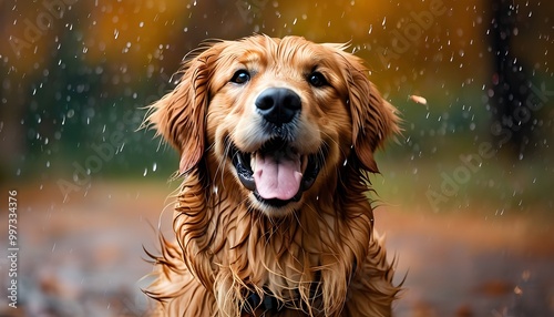 Joyful Golden Retriever Embracing Autumn Rain Amidst Vibrant Fall Colors