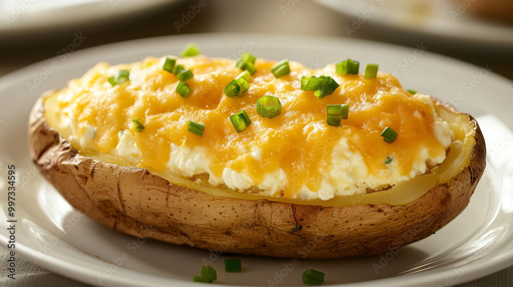 Baked potato, halved and filled with creamy cheese stuffing, topped with cheddar cheese and green onions, served on a white plate Baked potato, halved and filled with creamy cheese stuffing, topped with cheddar cheese and green onions, served on a white plate