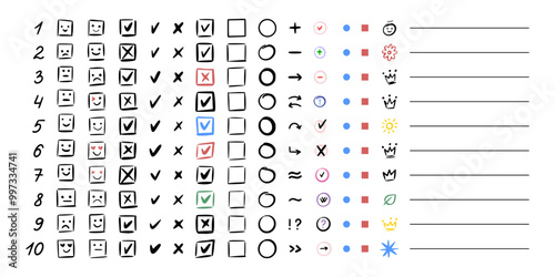 Set of icons, symbols for designing to-do list, planning, shopping, list. Numbers, check marks, strikethroughs, emotions, frames, circles, squares. Hand-drawn vector illustration on white background.
