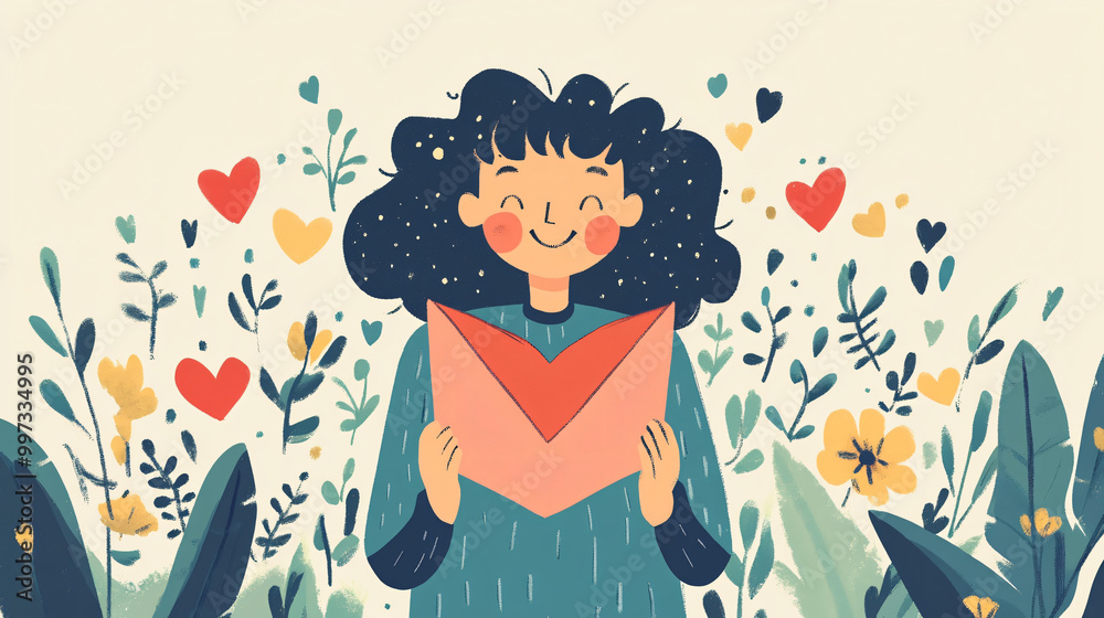 An illustration of a joyful person receiving a heartfelt letter or card with positive messages. An illustration of a joyful person receiving a heartfelt letter or card with positive messages.