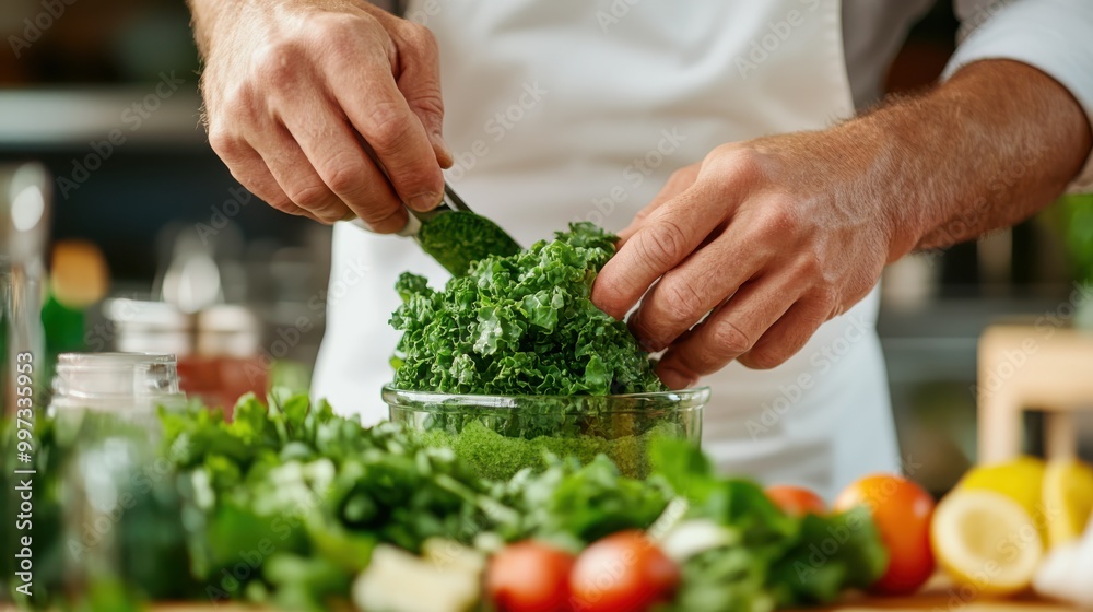 Chef's hands busy preparing a fresh green leafy kale salad, with various fresh ingredients like cilantro, tomatoes, and other vegetables scattered on the table. Chef's hands busy preparing a fresh green leafy kale salad, with various fresh ingredients like cilantro, tomatoes, and other vegetables scattered on the table.