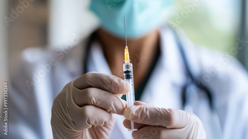 A doctor prepares a syringe for vaccination, emphasizing the importance of healthcare, medical procedures, and patient safety in a controlled environment.