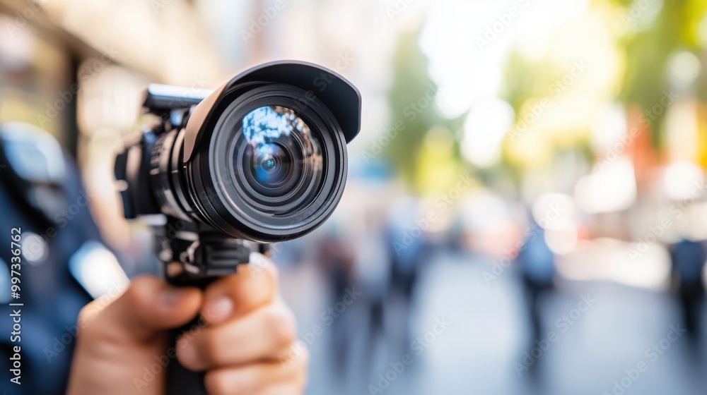 A photographer holds and focuses their camera, capturing the essence of city life through a lens, demonstrating the interaction between technology and art in urban photography. A photographer holds and focuses their camera, capturing the essence of city life through a lens, demonstrating the interaction between technology and art in urban photography.