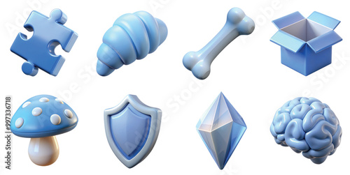 Collection of 3d blue icons including croissant, bone, shield, crystal, puzzle, mushroom, box, brain