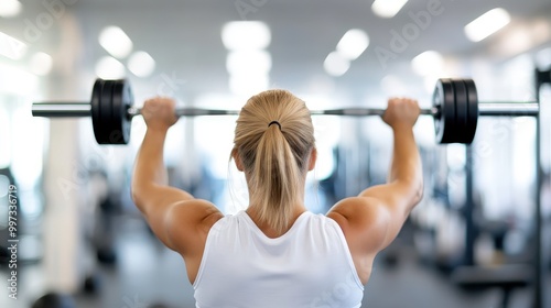 A woman lifts heavy weights at the gym, showcasing her muscular strength, fitness dedication, and commitment to a healthy lifestyle, viewed from behind. photo