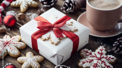 White Gift Box with Red Ribbon and Snowflake Cookie on Wooden Table