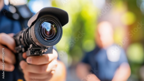 A photographer aims their camera, preparing to capture an urban outdoor scene, showcasing the concentration and skill required to document lively city environments and moments.