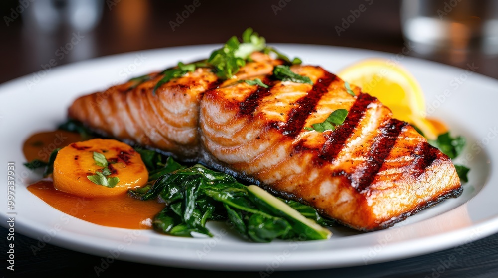 Scrumptious grilled salmon fillet placed on a bed of wilted greens, paired perfectly with a tangy lemon garnish topping, served on a ceramic plate. Scrumptious grilled salmon fillet placed on a bed of wilted greens, paired perfectly with a tangy lemon garnish topping, served on a ceramic plate.