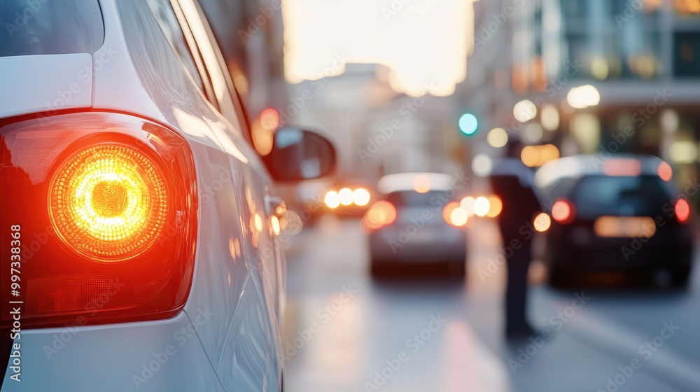 Rear view of a white car with its tail light on, amidst an urban street scene, emphasizing modern transportation, traffic, and the hustle and bustle of city life. Rear view of a white car with its tail light on, amidst an urban street scene, emphasizing modern transportation, traffic, and the hustle and bustle of city life.