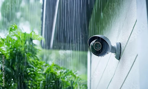 Close up of grey round smart home security camera on white house, during a rainstorm photo