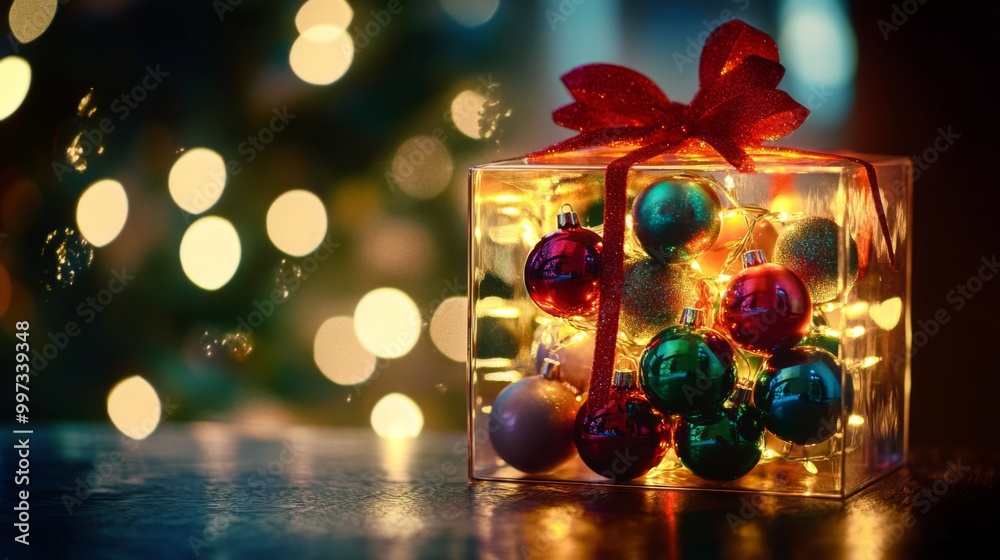 Glass Cube Filled with Christmas Ornaments and String Lights Glass Cube Filled with Christmas Ornaments and String Lights