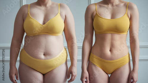 Two women are shown in yellow bikini bottoms and tops. The first woman has a larger body and the second woman has a smaller body photo