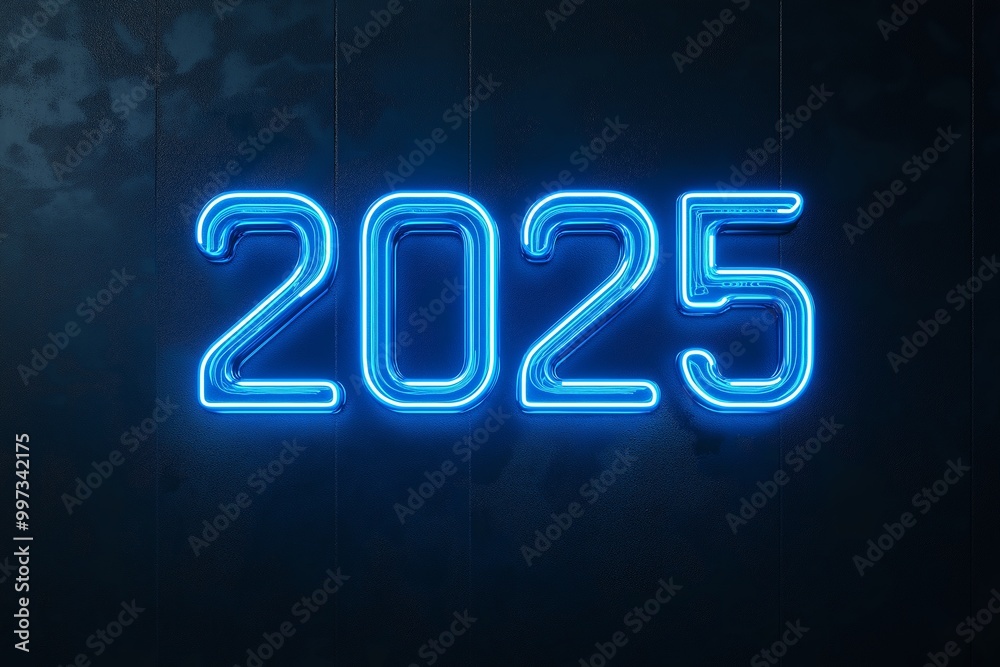 Minimalistic logo contour of 2025, new year blue neon color on black background Minimalistic logo contour of 2025, new year blue neon color on black background