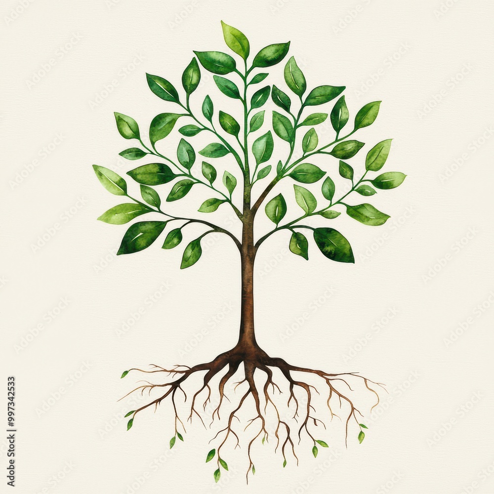 Fototapeta premium A detailed illustration of a tree with green leaves and visible roots.